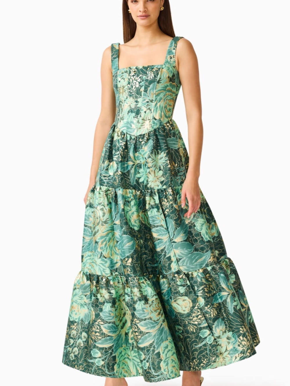 Elliatt Meliora Green Floral Jacquard Brocade A-line Maxi Dress Gown - SMALL